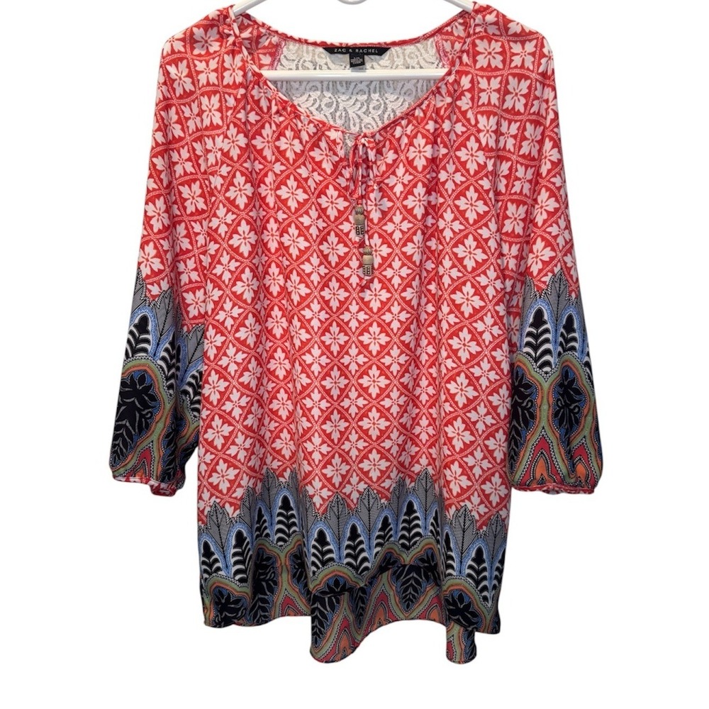 Zac & Rachel Colorful Floral Lace Back Peasant Blouse Top L Boho Fairy Chic